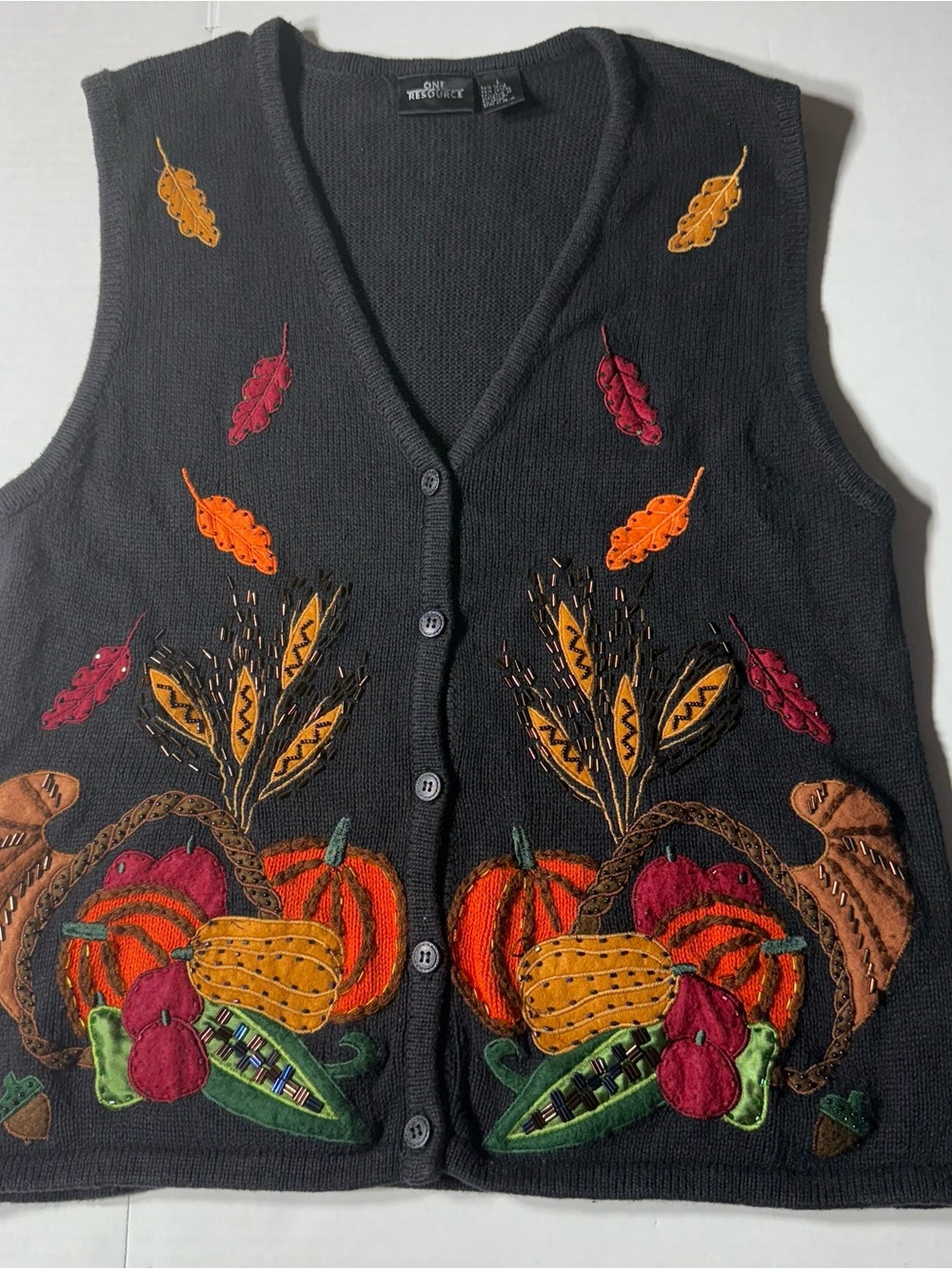 CozyFall Beaded Embroidered Black Button-Front Sweater Vest